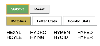 Wordle solver results showing filtered word list with frequency scores and letter statistics to help find today's answer.